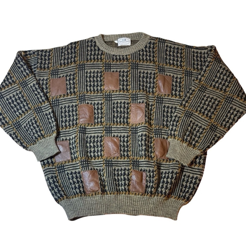 Pronto Uomo Italy Wool Blend Patch Sweater, Men’s XL, Retro Vintage